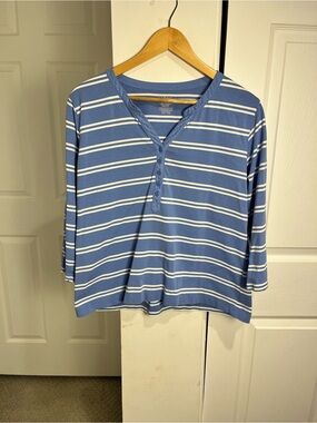 Lands End Women’s Striped Henley 3/4th Sleeve Shirt Top Size Large Blue White